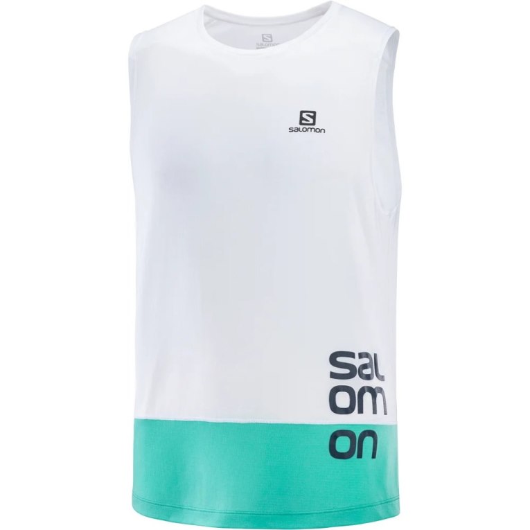 White / Turquoise Salomon Cross Run Graphic Men's Tanks | IE DZ6518